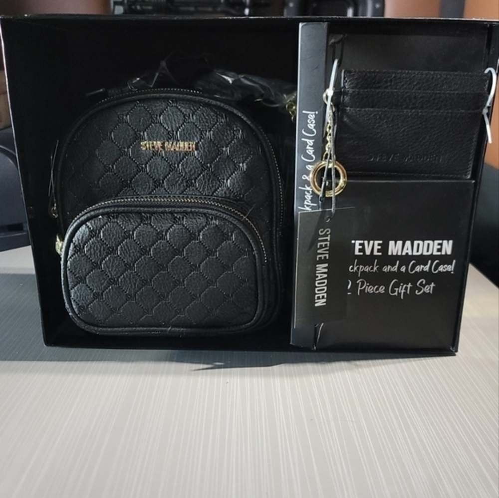 Steve‎ Madden Black Backpack & Card Wallet Set New In Box.